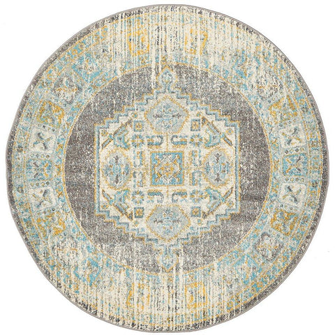 Salerno 1633 Grey Multi Colour Distressed Transitional Medallion Patterned Round Rug - Rugs Of Beauty - 1