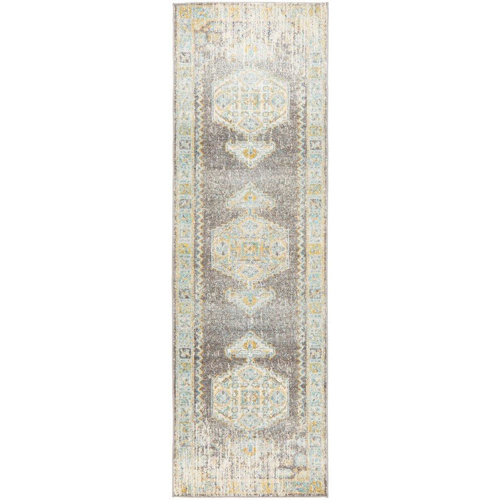 Salerno 1633 Grey Multi Colour Distressed Transitional Medallion Patterned Runner Rug - Rugs Of Beauty - 1