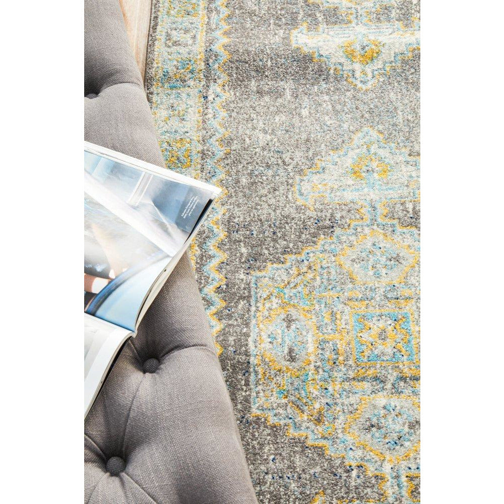 Salerno 1633 Grey Multi Colour Distressed Transitional Medallion Patterned Runner Rug - Rugs Of Beauty - 5