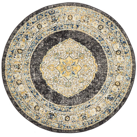 Salerno 1634 Charcoal Grey Multi Colour Transitional Medallion Patterned Round Rug - Rugs Of Beauty - 1