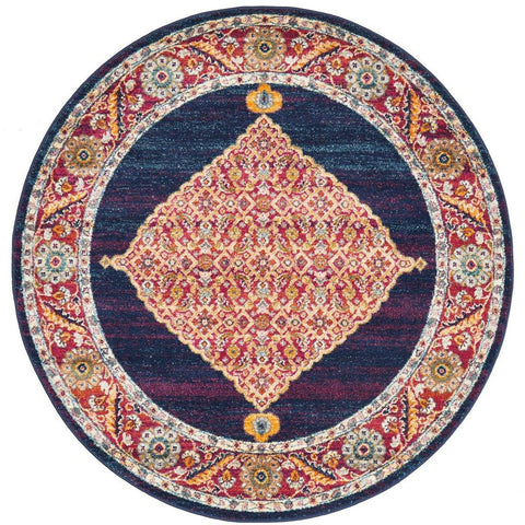 Salerno 1635 Blue Purple Multi Colour Transitional Medallion Patterned Round Rug - Rugs Of Beauty - 1