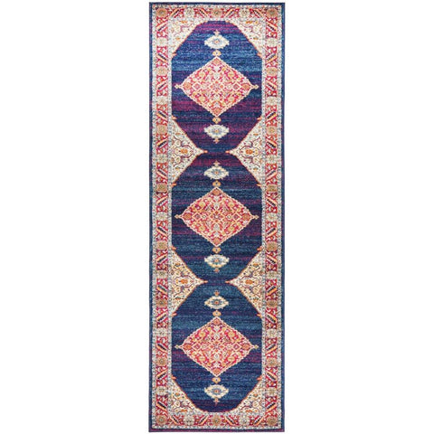 Salerno 1635 Blue Purple Multi Colour Transitional Medallion Patterned Runner Rug - Rugs Of Beauty - 1