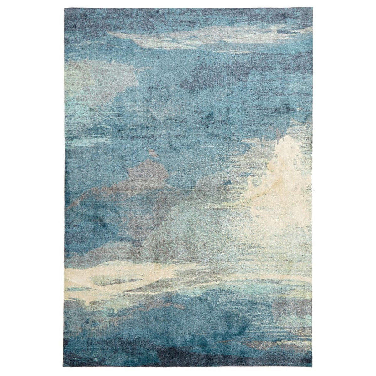 Abstract watercolor rug in blue, beige, and grey with a hand-tufted textured pattern.