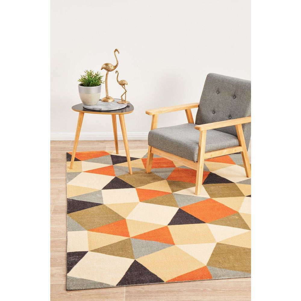 Calais Orange Multi Coloured Geometric Squares Triangles Modern Rug - Rugs Of Beauty - 2