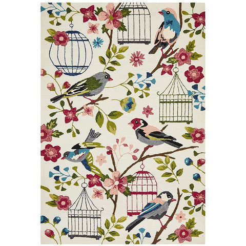 Florence 1534 White Multi Colour Floral Birds Bird Cages Outdoor Modern Rug - Rugs Of Beauty - 1