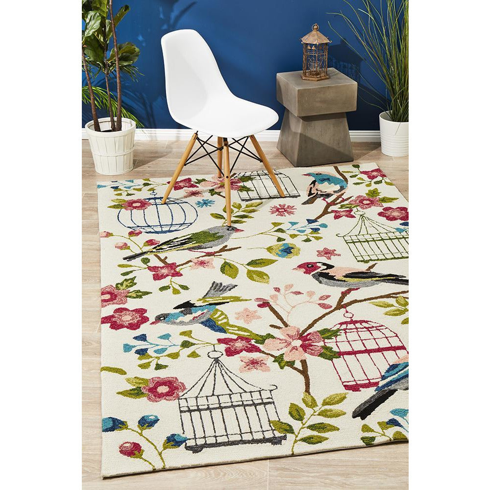 Florence 1534 White Multi Colour Floral Birds Bird Cages Outdoor Modern Rug - Rugs Of Beauty - 2