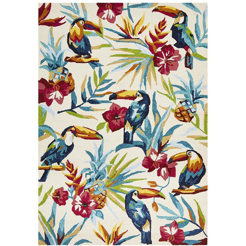 Florence 1535 White Multi Coloured Toucan Birds Floral Patterned Outdoor Modern Rug - Rugs Of Beauty - 1
