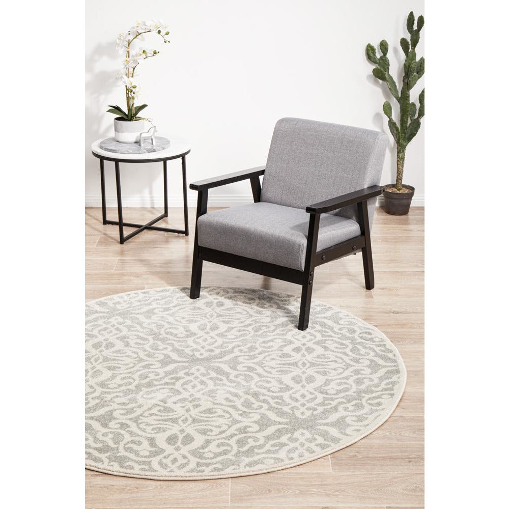 Kiruna 774 Silver Grey Cream Transitional Floral Trellis Patterned Round Rug - Rugs Of Beauty - 4