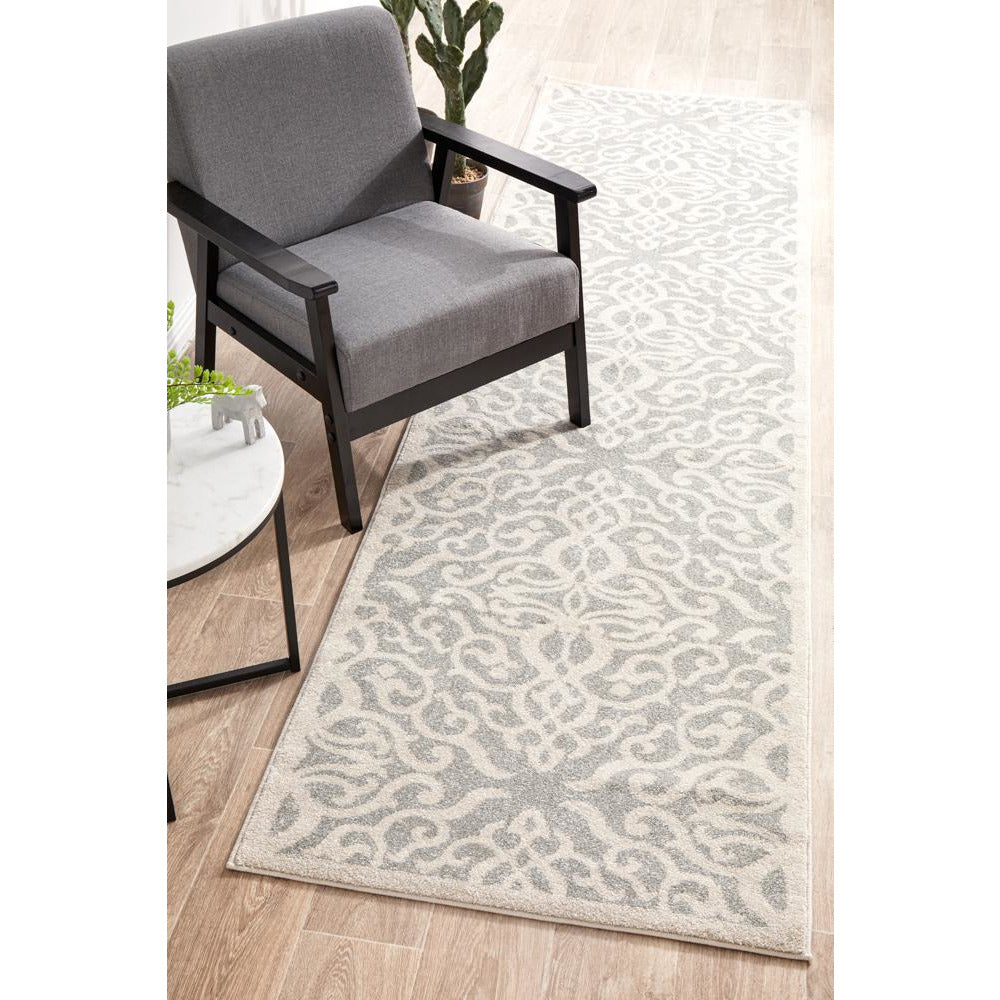 Kiruna 774 Silver Grey Cream Transitional Floral Trellis Patterned Runner Rug - Rugs Of Beauty - 2