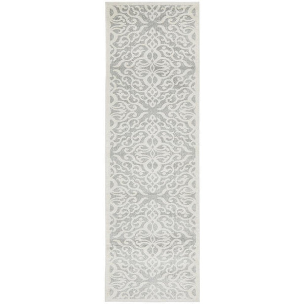 Silver grey runner rug with cream floral trellis pattern and subtle textured design.