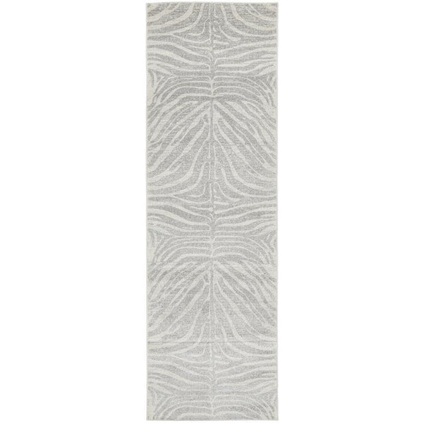 Silver grey and cream runner rug with a subtle zebra-inspired animal pattern and soft texture.