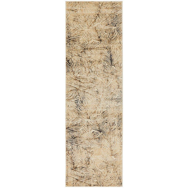 Charcoal beige runner rug with multi-color abstract leaf pattern and textured design.