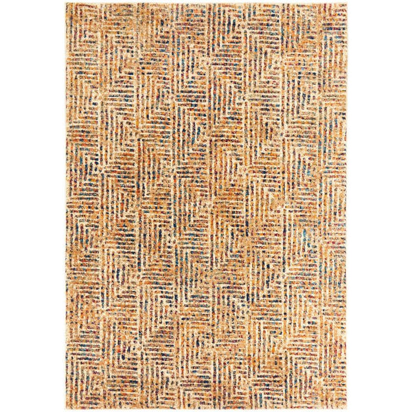Multi-color geometric patterned modern rug in warm orange, beige, and black tones.