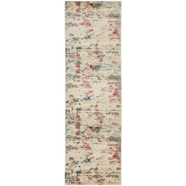 Long abstract runner rug with stone base and splashes of blue, rose, and beige tones in a modern pattern.