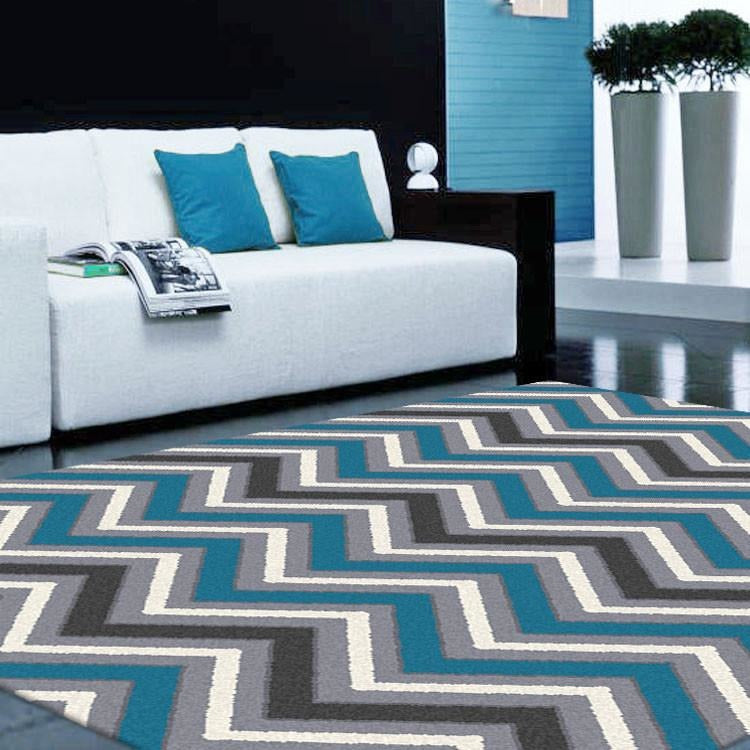Dover Chevron Pattern Blue Grey Beige Modern Rug - 5