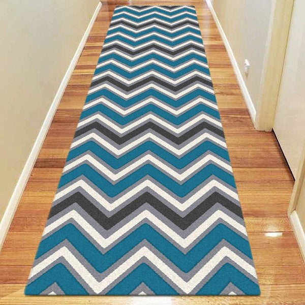 Dover Chevron Pattern Blue Grey Beige Modern Rug Runner