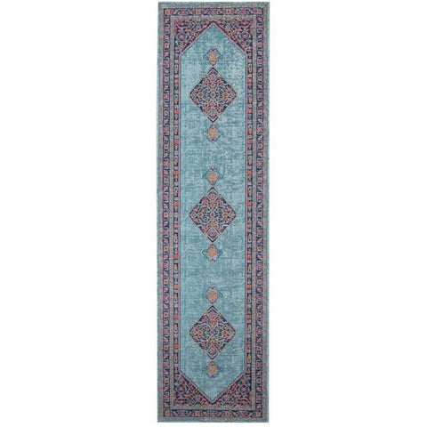 Menhit Blue Multi Coloured Transitional Patterned Runner Rug - Rugs Of Beauty - 1