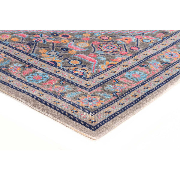 Grey and multicolored cotton-polypropylene runner rug with intricate floral and geometric patterns, stonewashed finish.