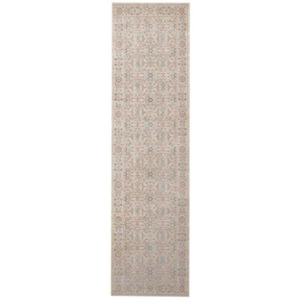 Bone beige transitional runner rug with subtle patterned motifs and stonewashed finish.