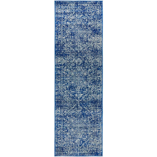 Navy blue transitional runner rug with distressed ornate pattern in light blue and gray tones.