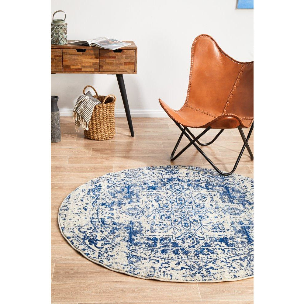 Slana Transitional White Navy Round Designer Rug - Rugs Of Beauty - 4