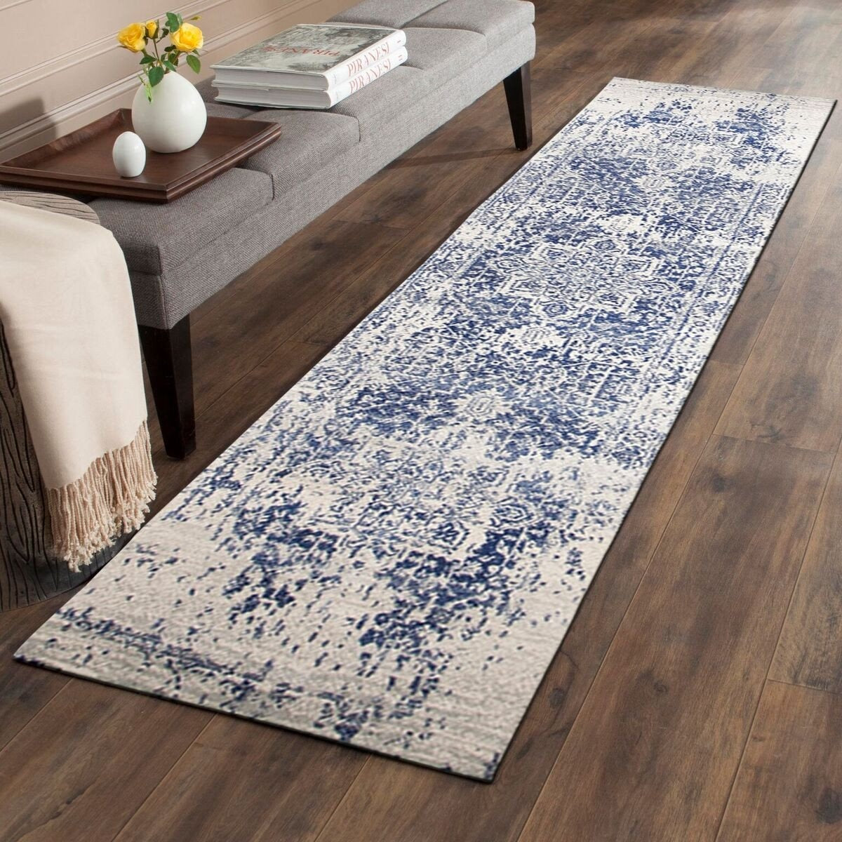 Slana Transitional White Navy Runner Designer Rug - Rugs Of Beauty - 2