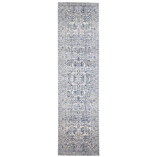 Blue and beige transitional runner rug with intricate faded floral and geometric patterns.
