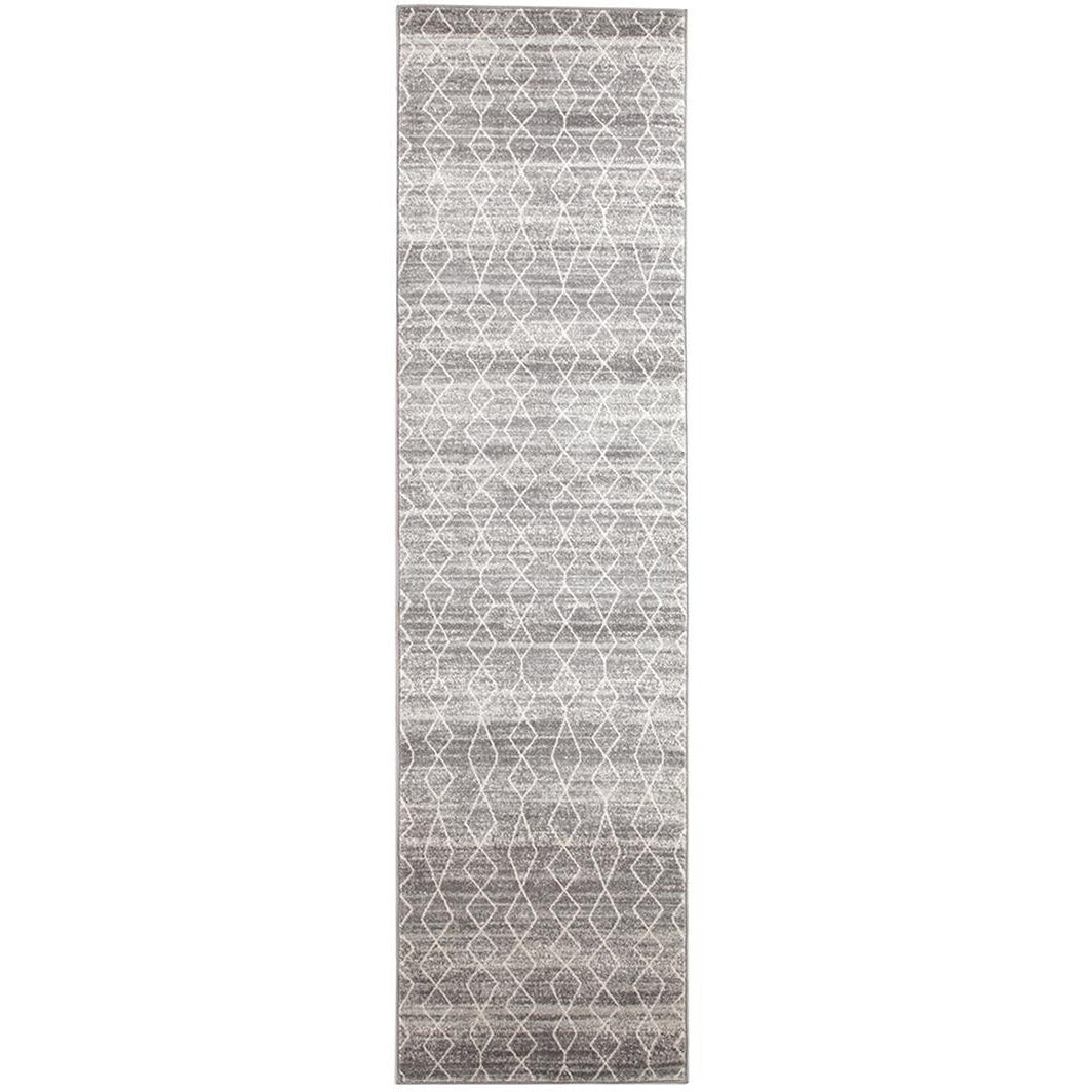 Grey runner rug with intricate white geometric patterns and subtle texture.