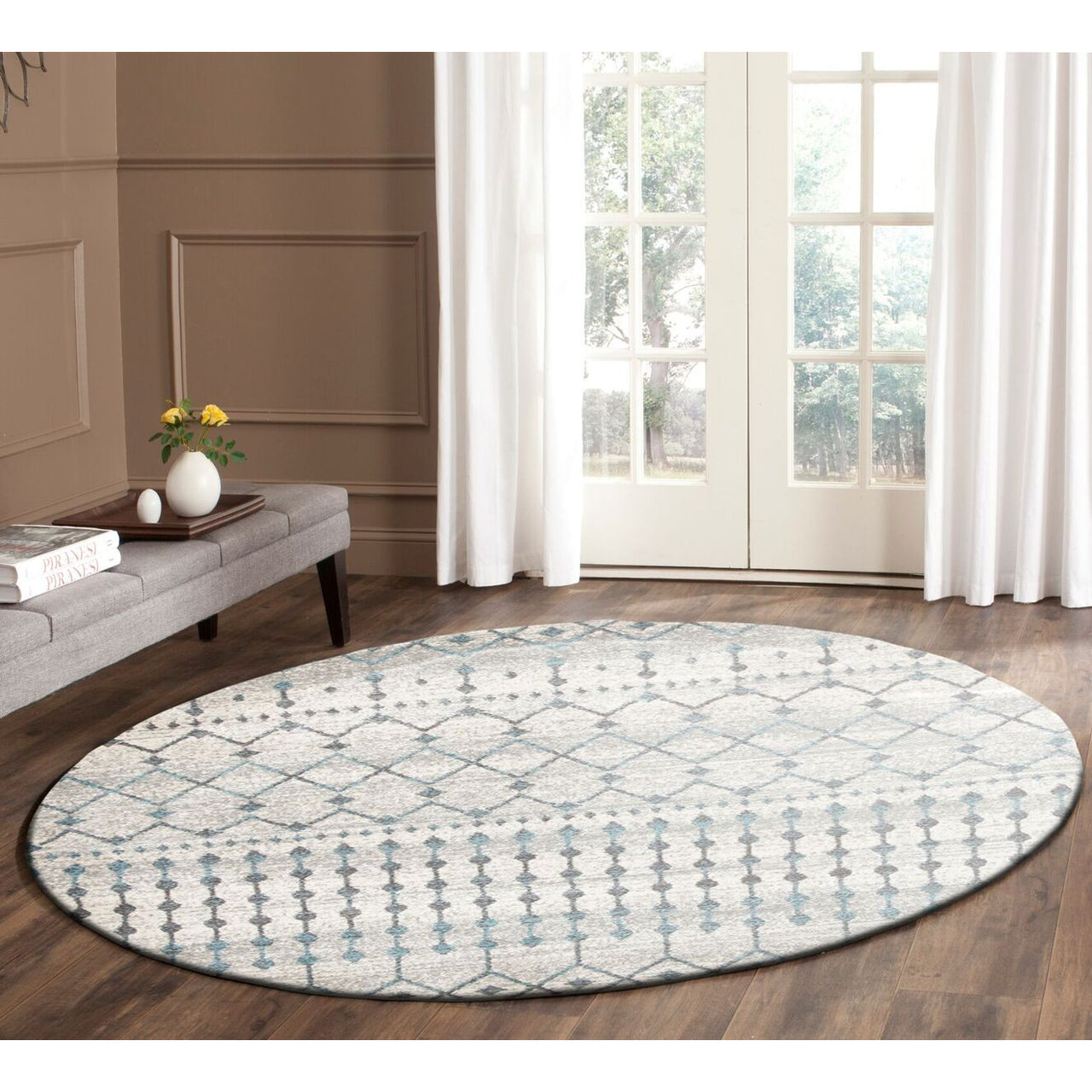 Exeter Blue Grey Beige Patterned Transitional Designer Round Rug - Rugs Of Beauty - 9