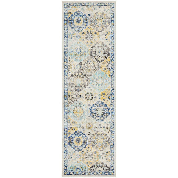 Multi-color transitional patterned runner rug with blue, yellow, and gray floral motifs on cream background.