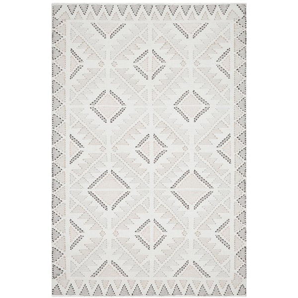 Soft cotton flatweave rug with geometric diamond pattern in neutral beige and cream tones.