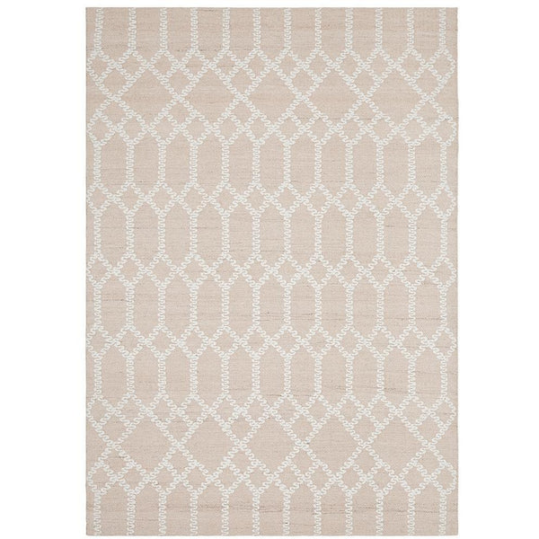 Nude flat-woven rug with subtle white geometric Scandinavian pattern.