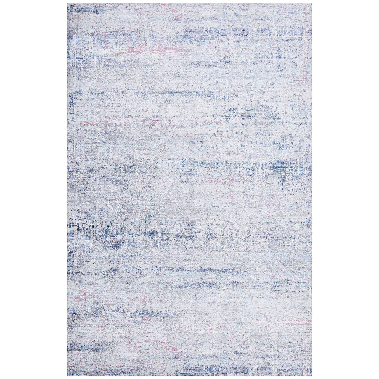 Blue and pink abstract patterned transitional rug with a soft, textured polyester pile.