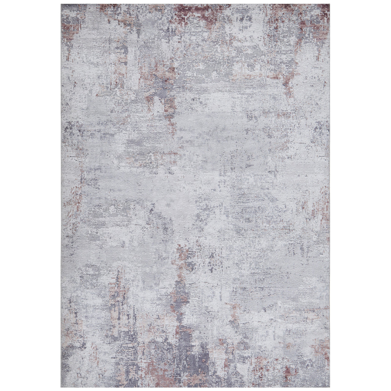 Rectangular blush and grey transitional rug with abstract distressed pattern and soft polyester pile.