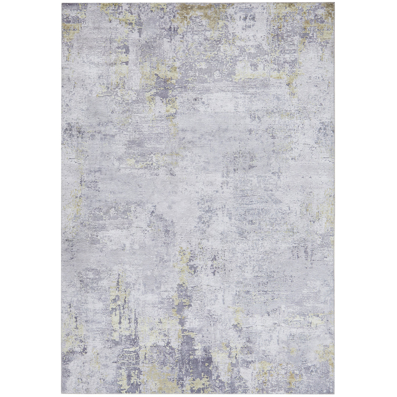 Transitional rug in soft grey with subtle gold accents and a distressed modern pattern.