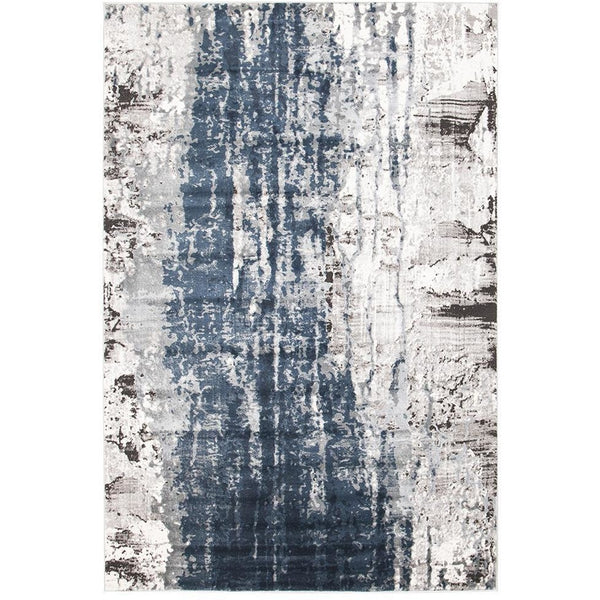 Blue, beige, and grey abstract patterned modern rug with textured, distressed design.