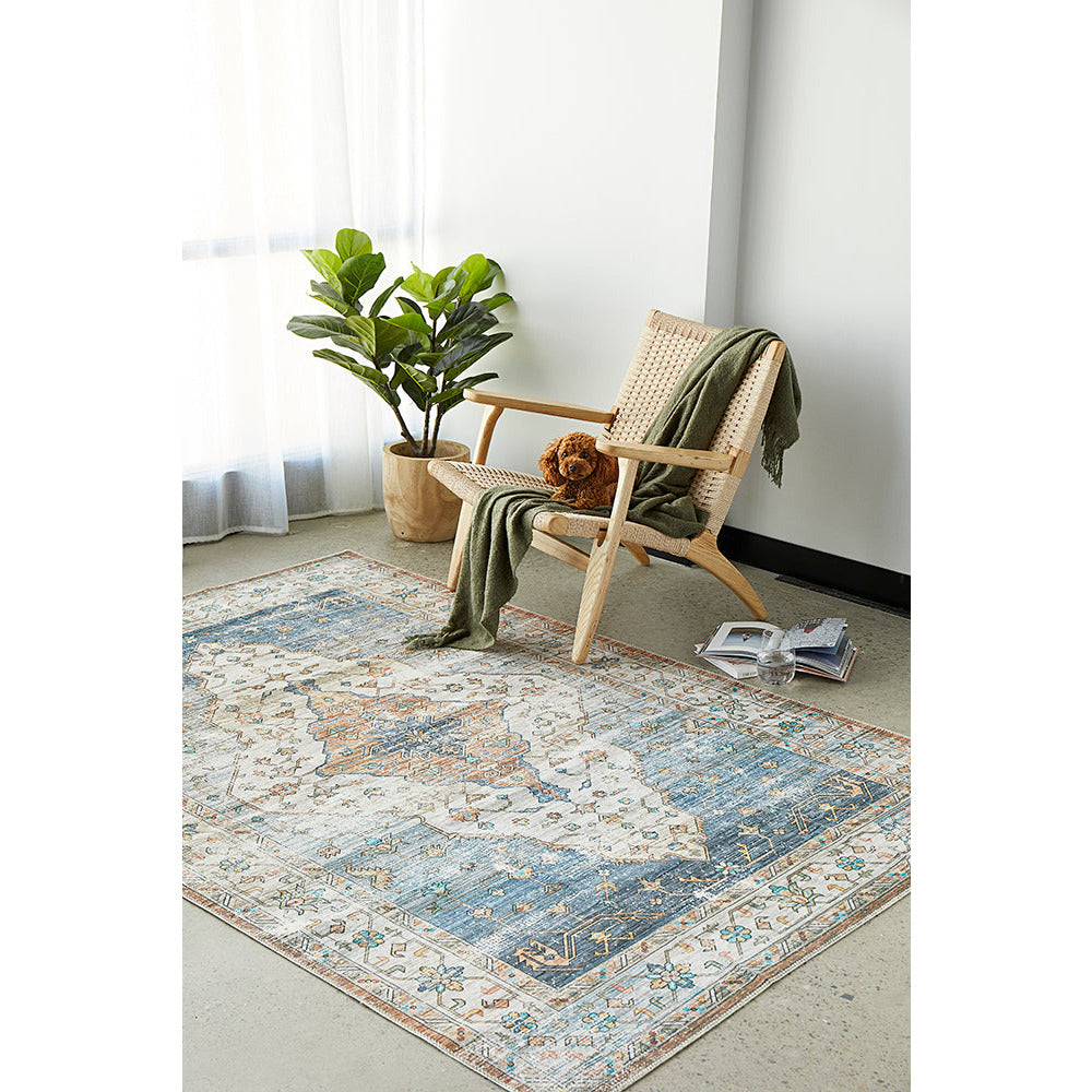 Audin 116 Blue Multi Coloured Bohemian Style Machine Washable Modern Rug - Rugs Of Beauty - 3