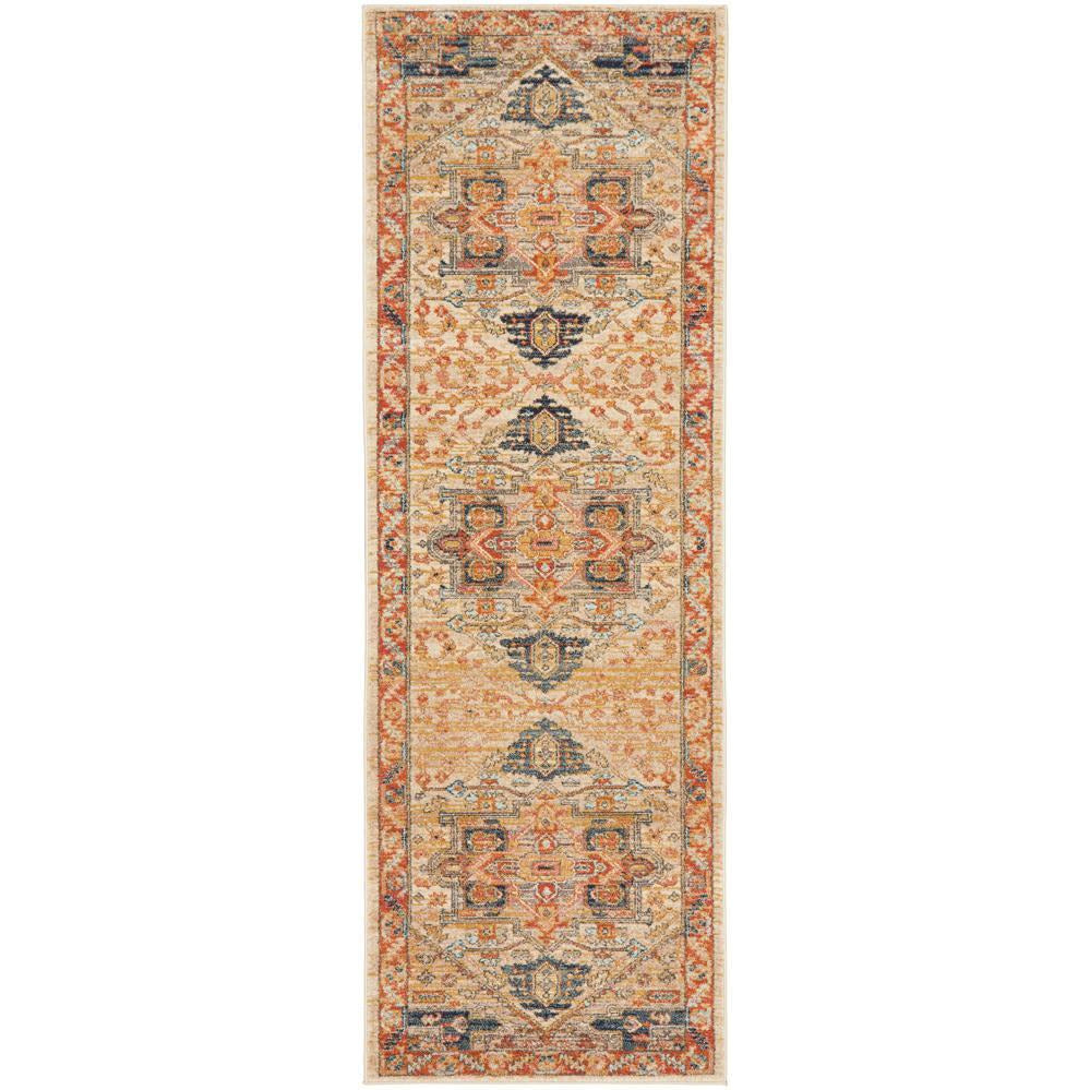 Rust and multi-color transitional runner rug with tribal-inspired geometric patterns and a textured design.