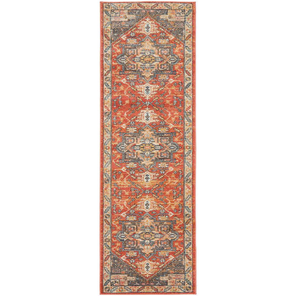 Transitional runner rug with terracotta, navy, and beige tribal-inspired geometric patterns on polypropylene fiber.
