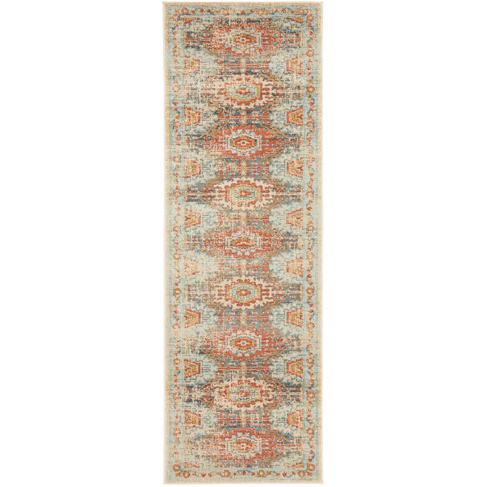 Blue terracotta multi-colored tribal patterned runner rug with beige border.