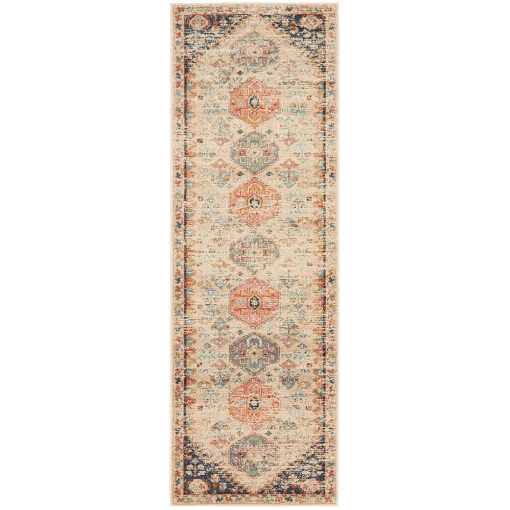 Transitional runner rug with autumn multi-color tribal motifs on a beige background.