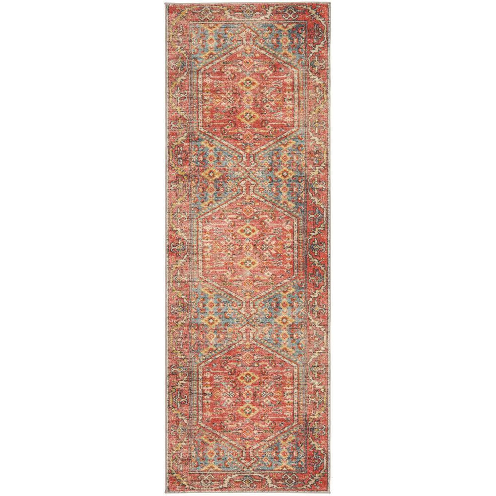 Crimson multi-color tribal-patterned runner rug with hexagonal medallions and bohemian accents.