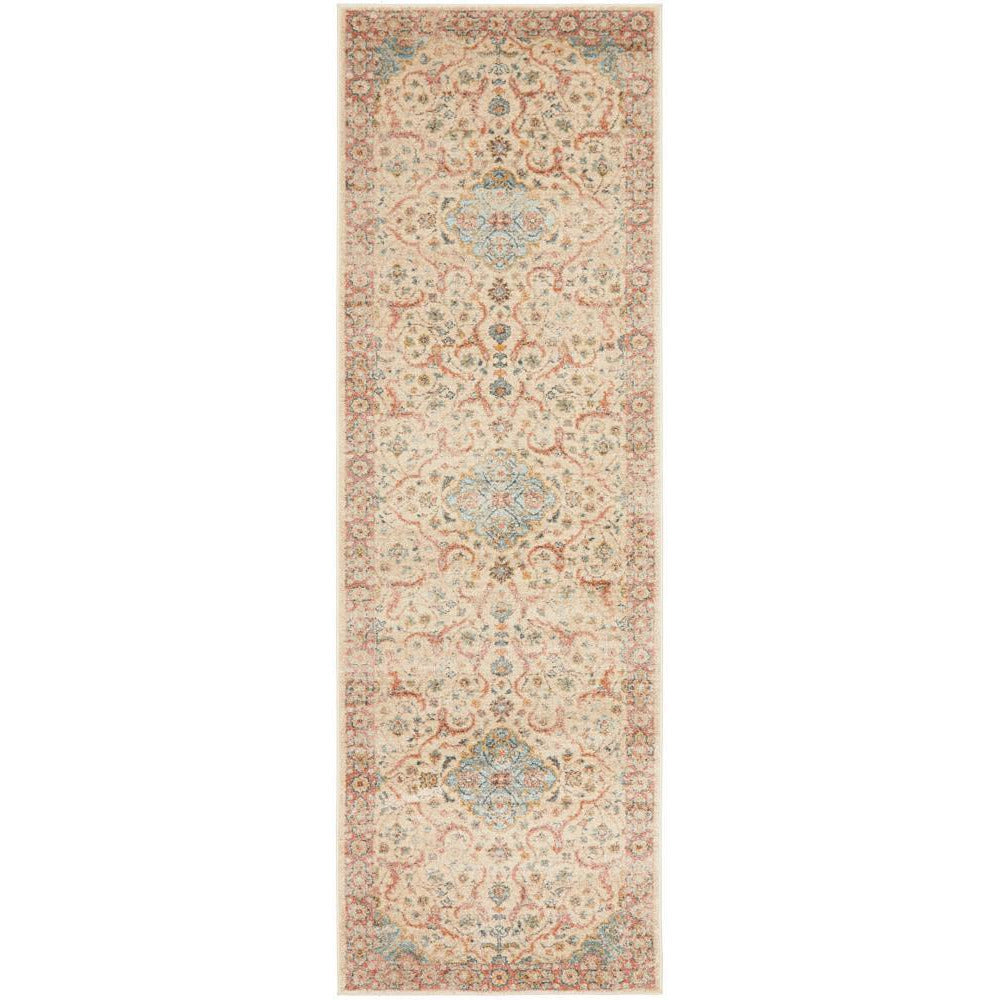Transitional runner rug with intricate earth-tone tribal patterns in cream, rust, and blue hues.