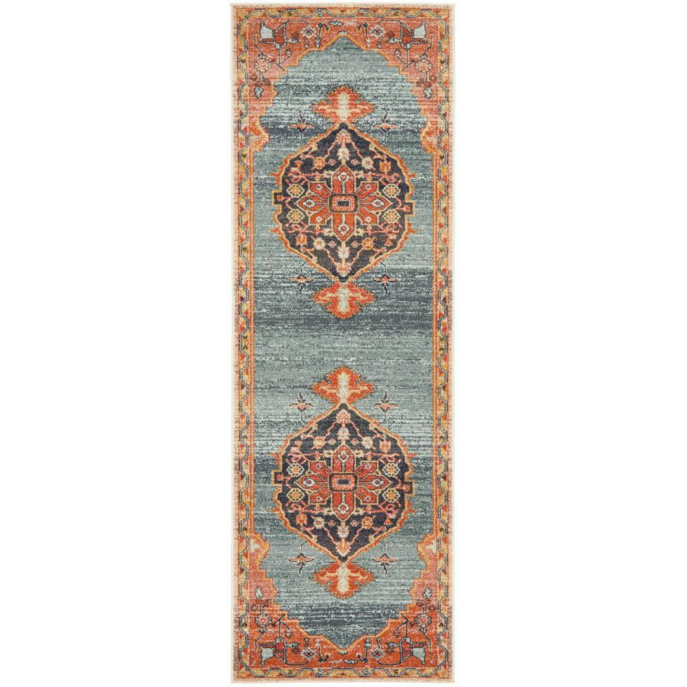 Blue rust multi-color runner rug with tribal medallion designs and intricate border patterns.