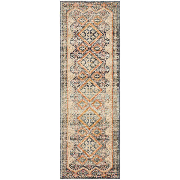 Navy blue runner rug with intricate tribal diamond patterns in beige, orange, and gray tones.