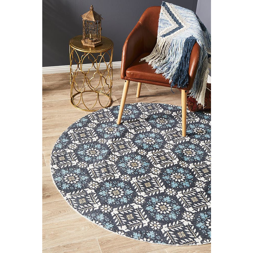 Flekke 242 Printed Blue Hand Woven Flatweave Modern Cotton Round Rug - Rug Of Beauty - 2