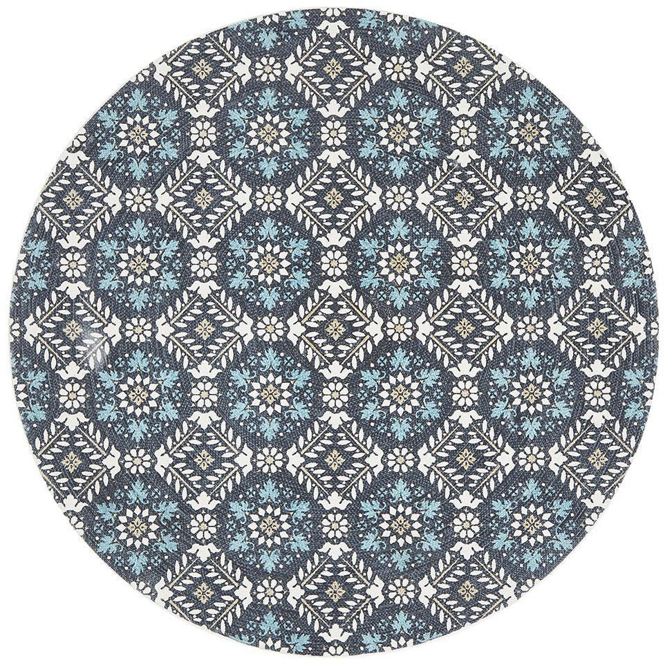Flekke 242 Printed Blue Hand Woven Flatweave Modern Cotton Round Rug - Rug Of Beauty - 1