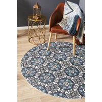Flekke 242 Printed Blue Hand Woven Flatweave Modern Cotton Round Rug - Rug Of Beauty - 2