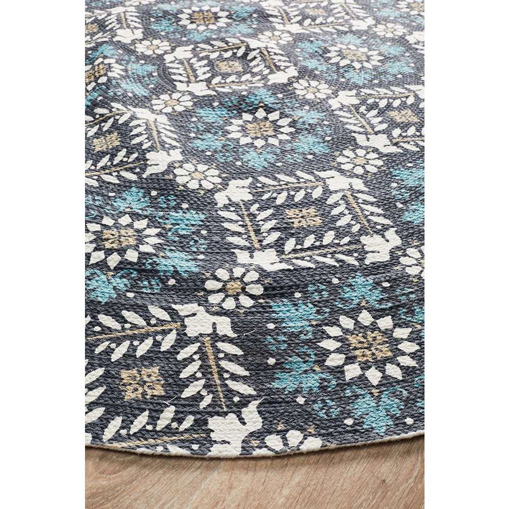 Flekke 242 Printed Blue Hand Woven Flatweave Modern Cotton Round Rug - Rug Of Beauty - 3