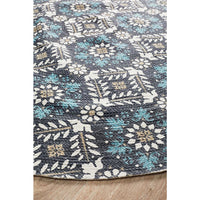 Flekke 242 Printed Blue Hand Woven Flatweave Modern Cotton Round Rug - Rug Of Beauty - 3